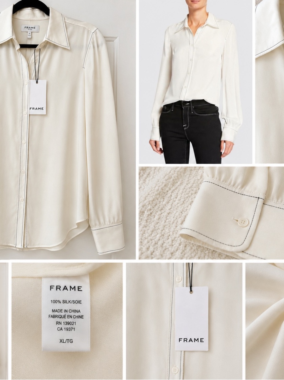 FRAME Denim 70s Contrast-Stitch Silk Shirt Blanc Ivory NWT XL